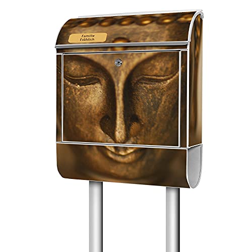 banjado® Briefkasten mit Standfuß personalisierbar Motiv Buddha Gold - Stand Briefkasten mit Zeitungsfach pulverbeschichtet aus Stahl weiß - Postkasten A4 Einwurf inkl. 2 Schlüssel