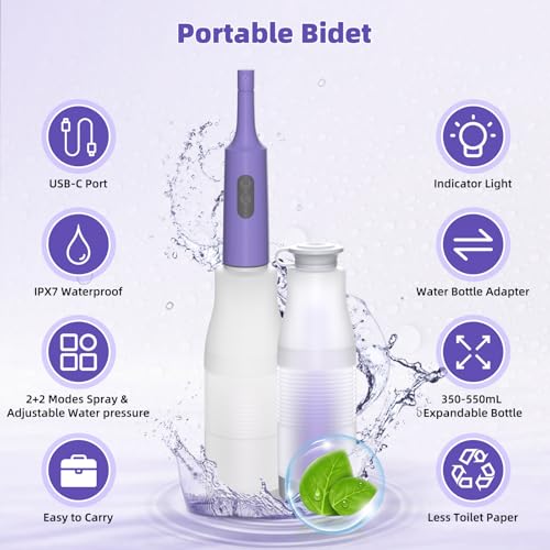 Image of Hibbent Portable Bidet for Travel, High Pressure Electric Handheld Bidet Sprayer, 350-550ML Expandable Bottle for Personal Hygiene, USB-C Rechargeable Waterproof Sprayer for Women & Men, Purple