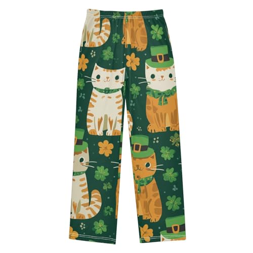 Cat Lucky Clovers Boys Long Pants Soft Trousers Elastic Waist Kids Lounge Bottoms with Pockets S-XL