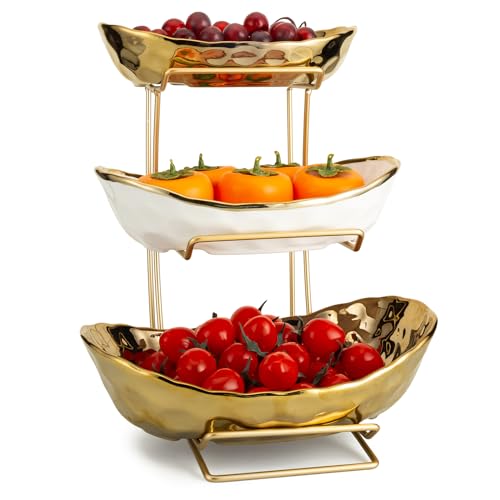 Comparison: Best Material For Fruit Bowl 10 YYW 3 Tier Fruit Bowl for Kitchen Counter, White Gold Ceramic Fruit Stand for Countertop, Home Fruit Rack with Holder, Vegetable Bowl Snacks Nuts Bread Candy Storage (Gold)