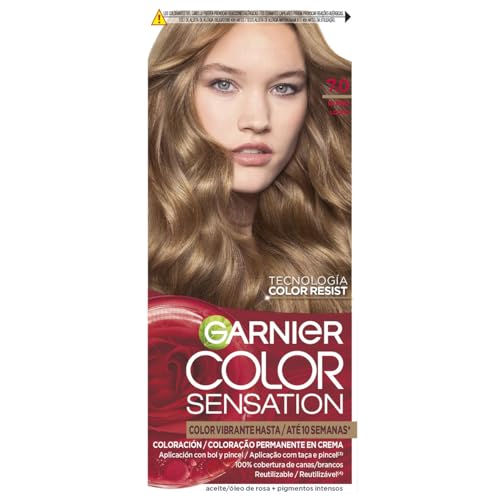 GARNIER - Pack 4 Color Sensation Tinte Permanente 7.0 Rubio, Color Intenso y Brillo Espejo, Cobertura 100% de Canas con Aceites Florales
