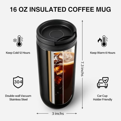 Image of 16 oz Travel Coffee Mug with Twist-Open Lid, Leak Proof Coffee Travel Mug, Insulated Tumbler Stainless Steel Coffee Cup For Hot And Iced Cold, Spill Proof Fits Cup Holder (Black)