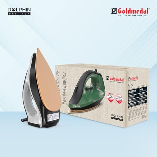 Image of Goldmedal Dolphin 1100W Dry Iron| Non-stick Weilburger Premium Coated Soleplate | iron for clothes | 5 Fabric Setting| Broad Base for Hot zone Protection | Shock-Proof Body (Cool Grey- Black)
