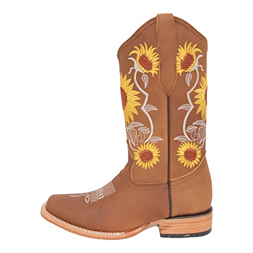 Women’s Square Toe Leather Cowgirl Cowboy Boot Sunflower Floral Embroidered Western Boots3