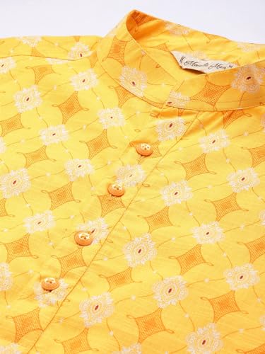 Image of Majestic Man Men's Cotton Regular Fit Casual Mandarin Collar Ethnic Motifs Printed Long Regular Kurta