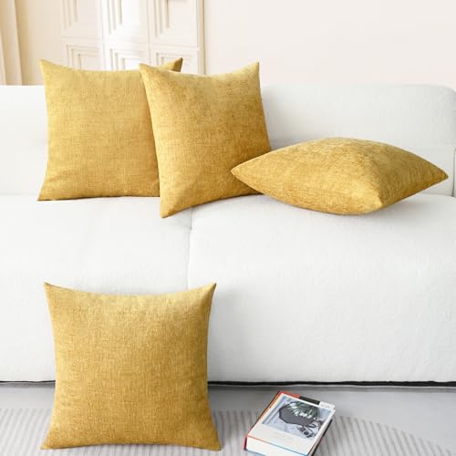 Image of CaliTime Throw Pillow Covers Decorative 18 X 18 Inches Pack of 4 Cozy Chenille Cushion Cases for Couch Sofa Bed Living Room Home Gold