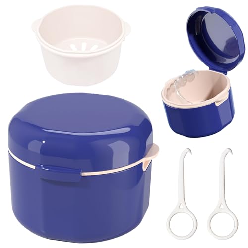 BORISCA Caja Ferula Dental, Limpiador Ferula Dental Caja Limpieza, Caja Aparato Dental con Filtro y Cestillo, Funda Ferula Dental para Guardar y Limpiar Dientes Postizos (Azul oscuro)