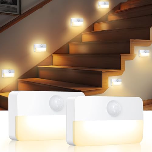 Image of AMIR 2 Pack Mini Motion Sensor Stair Light for Indoor, Battery-Powered LED Night Light, 40 Lumen 3000K, Cordless Closet Lights, Safe Lights for Stairs, Hallway, Bathroom, Kitchen, Cabinet