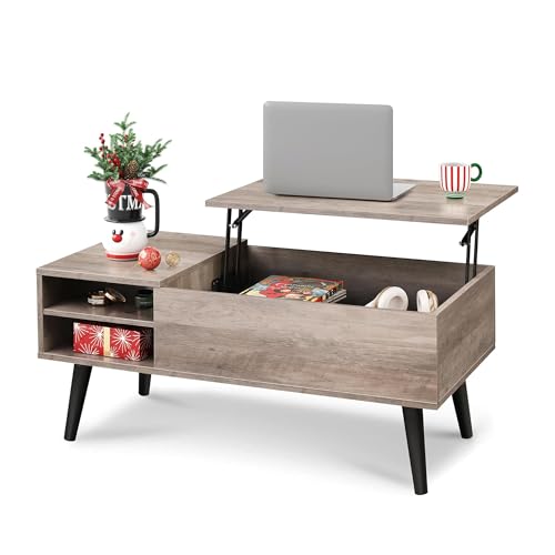 WLIVE Lift Top Coffee Table for Living Room,Small Coffee Table with Storage, Adjustable Shelf and Storage Compartment, Mid Century Modern Living Room Table, Greige
