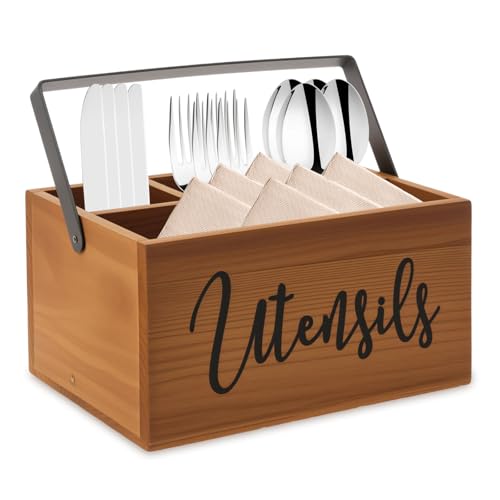 Soporte para utensilios, organizador de cubiertos con asa, organizador de utensilios de cocina de madera, 4 compartimentos, soporte para cubiertos, soporte para cucharas,...