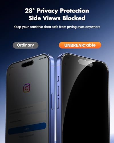 Image of UNBREAKcable Privacy Screen Protector for iPhone 16, Anti-Spy Shatterproof Tempered Glass [True 28Anti Spy] [9H Hardness] [Easy Installation Frame] Black Protector for iPhone 6.1 inch - 2 Pack