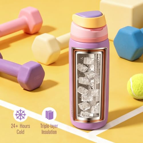 Image of Coolflask MegaSip Insulated Water Bottle 24 oz with Straw, Wide Mouth Water Bottles Leak-Proof, 24+ Hours Cold, BPA-Free Dishwasher Safe, Metal Water Flask for Sports Gym Work Office, Sunrise Purple