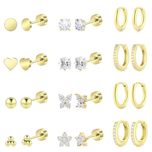 Hypoallergenic Surgical Steel Earrings for Women Men Sensitive Ears Dainty 14K Gold Stainless Steel Earrings Flat Back Gold Small Stud Hoop Cartilage Earring Set for Multiple Piercing
