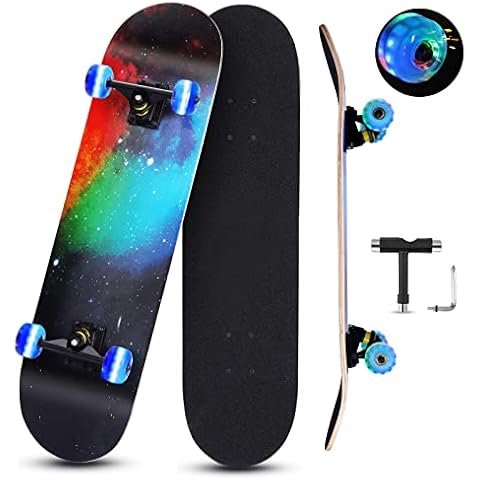 Standard Skateboard,31" x 8" Pro Complete Skateboard,9-Layer Canadian Maple Deck Skateboard with Colorful Flashing Wheels for Beginner,Adult,Youth,Kids Balance Development Cover