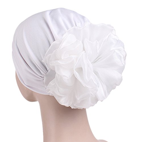 Muslim Women Flower Elastic Turban Beanie Head Scarf Wrap Chemo Cap Hat For Cancer Patient (White) #TOP1