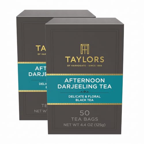Taylors of Harrogate Afternoon Darjeeling, Black Tea, Pillow Bags 50 Count, Delicate, Sweet &amp; Floral, Caffeinated, Enjoy Hot or Iced, 50 Teabags (Pack of 2)