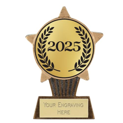 TROPHIESPLUSMEDALS Personalised Year 2025 Mini Star Trophy - 10cm | Small 3 7/8" Gold| Includes Free Metal Plate Engraving