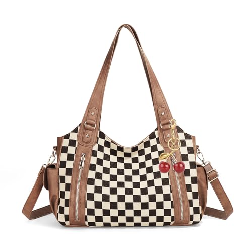Image of hibear Checkered Hobo Bag for Women City Tote Handbag Trendy Slouchy Crossbody Bag Canvas Vintage Shoulder Bag 2026 New