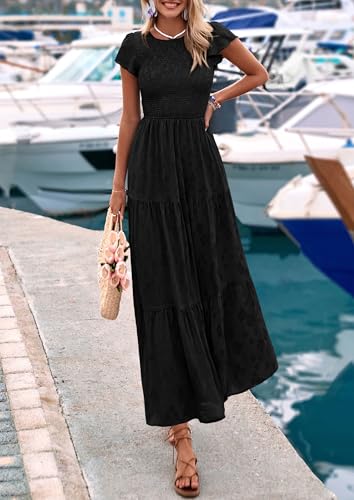 PRETTYGARDEN Wedding Guest Dresses for Women 2025 Summer Floral Cap Sleeve Smocked A Line Long Elegant Party Boho Dress4