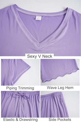 Image of Vozanet Women's Plus Size Pajama Sets Short Sleeve Long Pants Solid Color with Piping Trim Elegant Loungewear Cozy Sleepwear