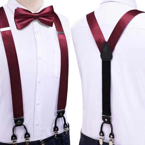 Image of Hi-Tie Men Suspender Bowtie Set Suspenders Pre-tied Bow Tie Pocket Square Cufflinks Adjustable Y Shape 6 Clips Braces Tuxedo