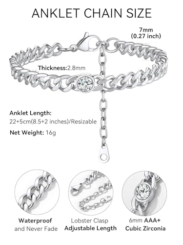 ChainsHouse Women Anklets Ankle Bracelets, Stainless Steel Cuban Link Anklet Feet Jewellry Men Chain for Summer Beach, Silver/Gold Plated/Black - Image 6
