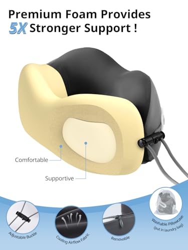 Inspireyes Neck Pillow, Travel Pillow with Seat Strap, 3D Sleep Mask, Dual Support Neck and Head, High Supportive Foam Airplane Pillow for Long Flight Road Trip, Stop Bobblehead Travel Essential, Grey - Image 6