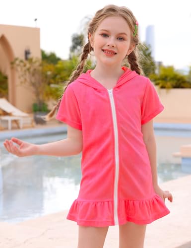 Image of Girls Swim Cover Up Multicolor Hooded Zip-Up Terry Swimsuit Ruffle Bathing Suit Kids Short Sleeve Swimwear