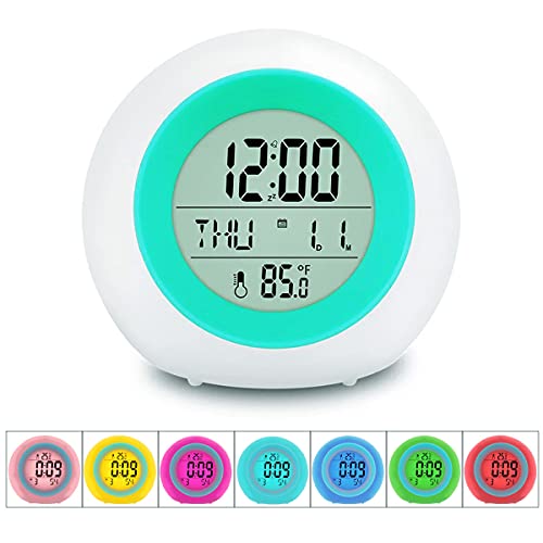 Kids Alarm Clock, sveglia per bambini, 7 colori che cambiano la luce per ragazzi e ragazze, funzione snooze, 8 suonerie, 12/24 ore, controllo one-tap, visualizzazione della temperatura interna - Image 3