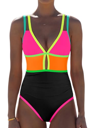 Image of popvil Women One Piece Swimsuit 2026 Tummy Control Sexy Cutout Neon Color Block Bathing Suit Slimming Adjustable Swimwear