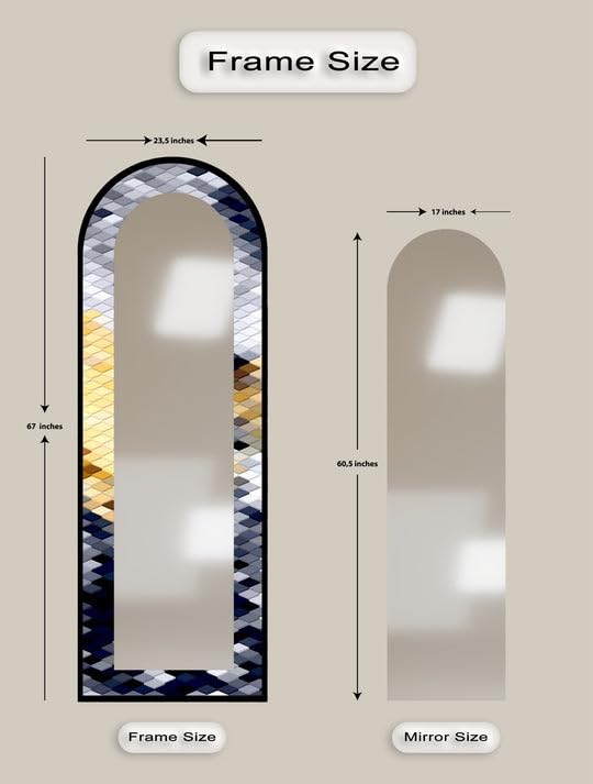 Specchio da pavimento con motivo geometrico in argento, oro e blu navy, 63,5 x 160 cm (larghezza x altezza), specchio da pavimento con cornice nera e cornice nera