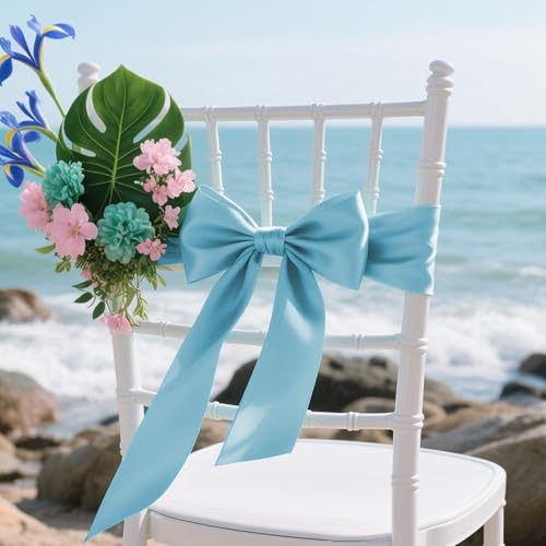 Image of Mist Blue Satin Ribbon 4 inch X 15 Yards Polyester Ribbon for Gift Wrapping Very Suitable for Weddings Party Hair Bow Invitation Decorations and More