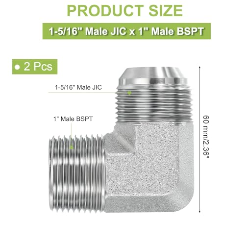 Image of PATIKIL 90 Degree Pipe Adapter, 2 Pcs 1-5 /16 inch Male 37 Flare JIC x 1 inch BSPT Male Connector Carbon Steel Elbow Fitting for Air Hydraulic Fluid Fuel Water Oil, Silver