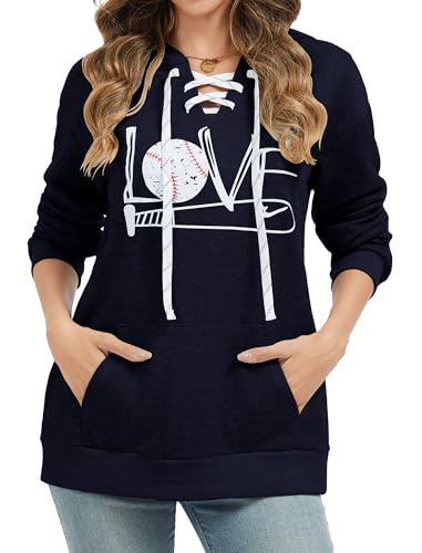 ETATNG Womens Baseball Hoodies Long Sleeve Lace Up Neck Love Print Casual Athletic Pullover Sweatshirts Tops with Pockets