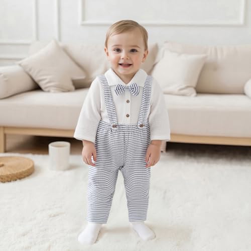 Image of VISGOGO Toddler Boy Linen Outfit Baby Boy Fall Winter Clothes Set Button-Down Shirt Tops Cotton Linen Pants 2PCS (Grey-Striped, 0-6 Months)
