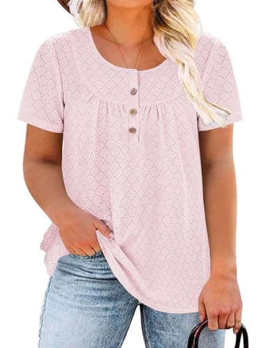 Image of VISLILY Womens-Plus-Size-Summer-Tops Buttons Up Henley Shirts Flowy Pleated Tunics Trendy Eyelet Short Sleeve Blouses