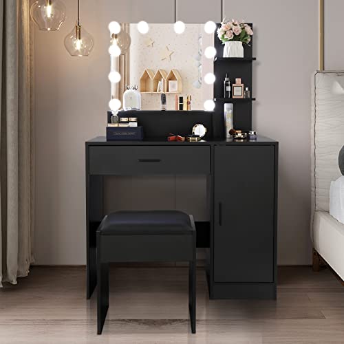 AMOPA Large Vanity Set with 10 LED Bulbs, Makeup Table with Cushioned Stool, 3 Storage Shelves 1 Drawer 1 Cabinet, Dressing Table Dresser Desk for Women, Girls, Bedroom, Black
