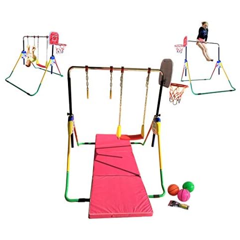Kids Jungle Children Monkey Bar Gymnastics Athletic Expandable Kip Balance Bars Junior Training Play Gym Yellow Red with 2Ft x 6Ft Gymnastic Mat & Basketball Stand & Swing Seat & Trapeze Rings Cover