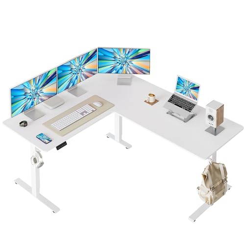 FEZIBO L Shaped Standing Desk, 63" Corner Standing Desk with Electric Adjustable Height, L Shaped Adjustable Desk with Splice Board, White