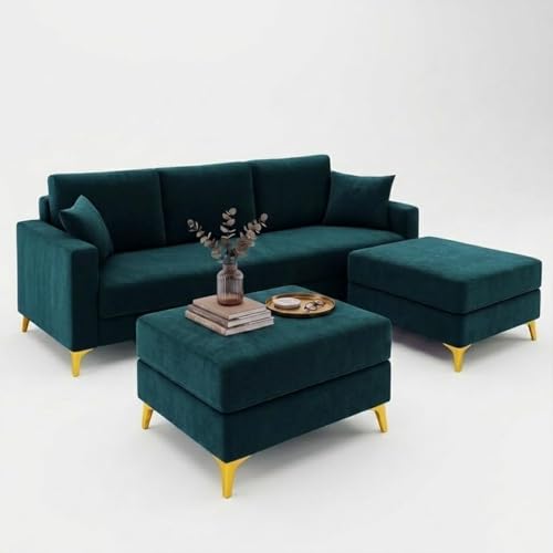 Image of SOCOZI Bravelle 5 Seater L Shape Sofa Set with 2 Movable Ottomans | Flexible Layout| Soft Velvet Suede Fabric|Modern Sofa | Plush Comfort Cushions for Living Room (Teal Green Color)