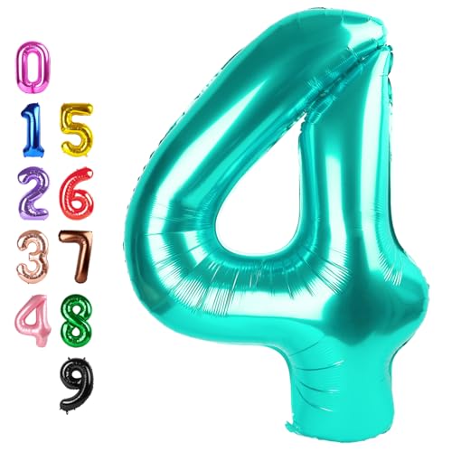 Image of Number Balloons 4 Balloon 40 inch Teal Blue for 4 Birthday Party Decoration | Saturated Color, Large 40 in, With Inflation Straw & Hanging Hole, Great for Men's Party, Back-To-School Season, Pool Party