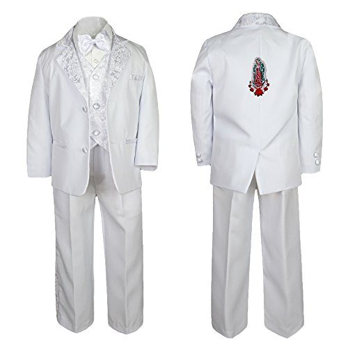 Image of Baby Boy Teen Baptism Formal White Paisley Suit Silver Guadalupe on Back SM-20