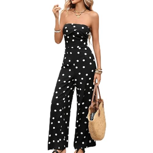Image of EWYRJYH Polka Dot Strapless Jumpsuit, Front Knot Design Strapless Back Ruching, Suitable for Summer and Casual Wear(Black,L)