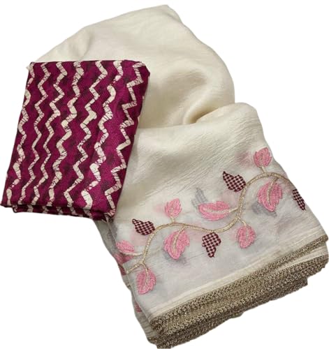 Women's Embroidery Leaf Work Patched Lace Border Crush Georgette ...