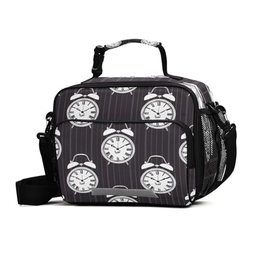 Alarm Clocks Black White Stripe Insulated Lunch Bag For Boys Girls Reusable Kids Cooler Lunch Tote Bag With Shoulder Strap For School Office Travel Picnic