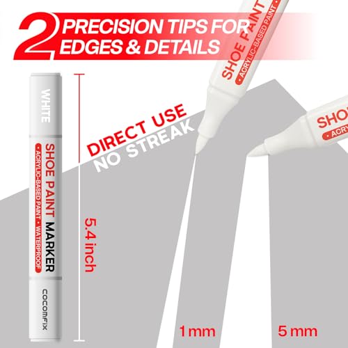 cocomfix 2-in-1 White Shoe Paint Marker, 2 Pack Shoe Polish Instant Whitens Yellowed Midsoles & Fixes Stains, Waterproof Permanent Protective Sneaker Whitener Pen for Leather, Foam, Fabric, Rubber