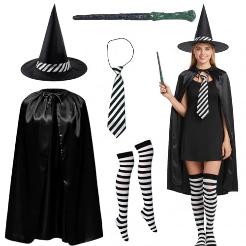 Worst Witch Costume 5 Piece Witch Outfit for Halloween and Book Day Includes Hat Cape Tie Stockings and Magic Wand Fancy Dress