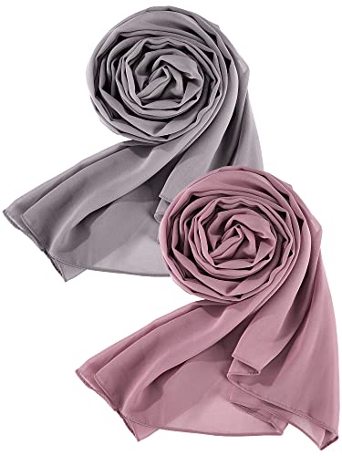 2 Pieces Women Soft Chiffon Scarves Shawl Solid Color Hijab Scarf Long Scarf Wrap Scarves for Women Girls (Gray, Pink)