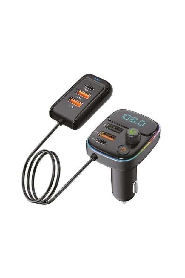PD 30W Hızlı Şarj & RGB LED Işıklı Araç FM Transmitter, 5V 3.1A USB, 1M Kablolu, 6 Multi-Port