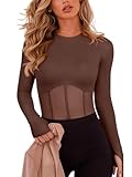 REORIA Womens Fashion Sexy Crew Neck Thumbholes Long Sleeve Sheer Mesh Going Out Bodysuit Tops for Women Party Coffee XX-Large